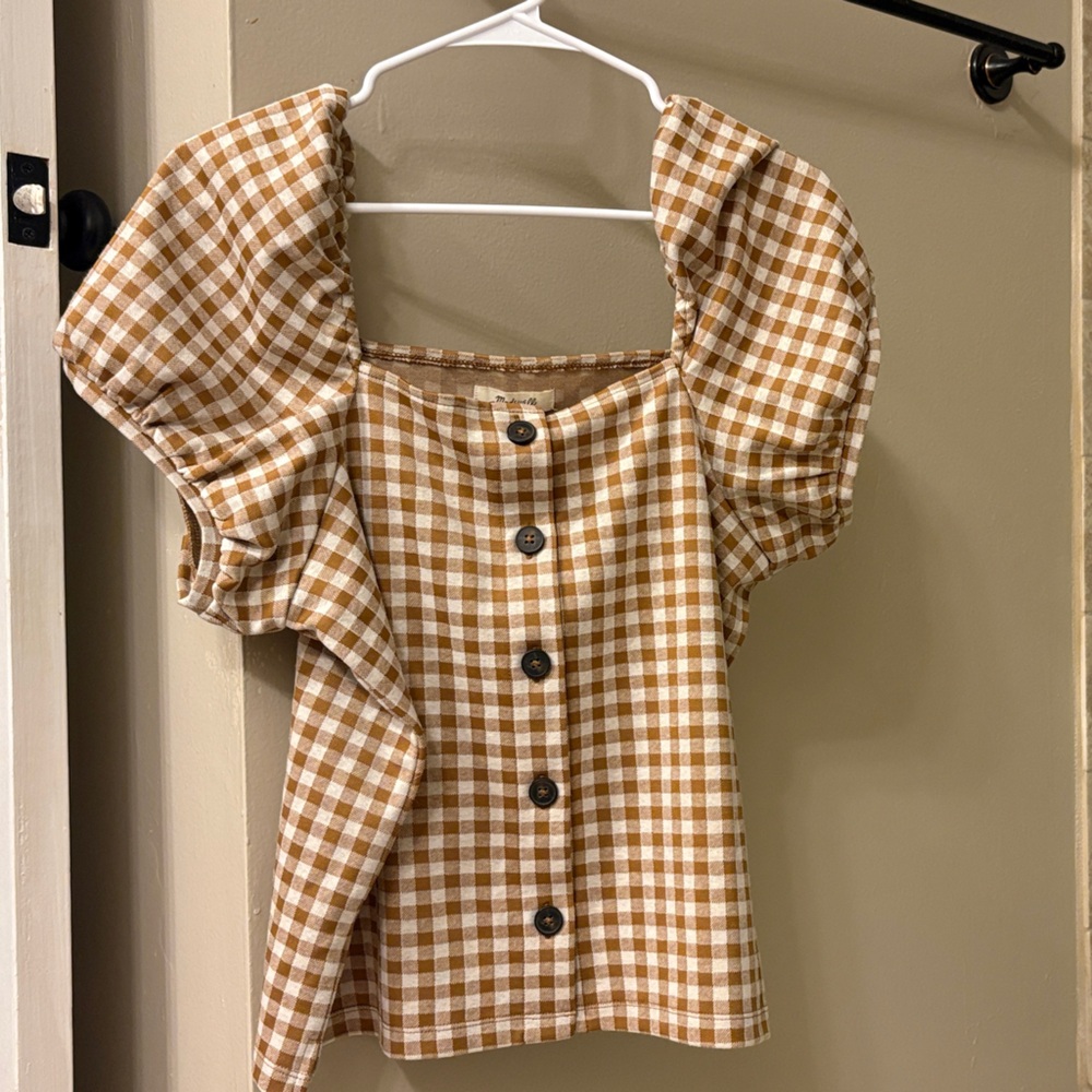 Madewell Tan & White Gingham Button-Front Top